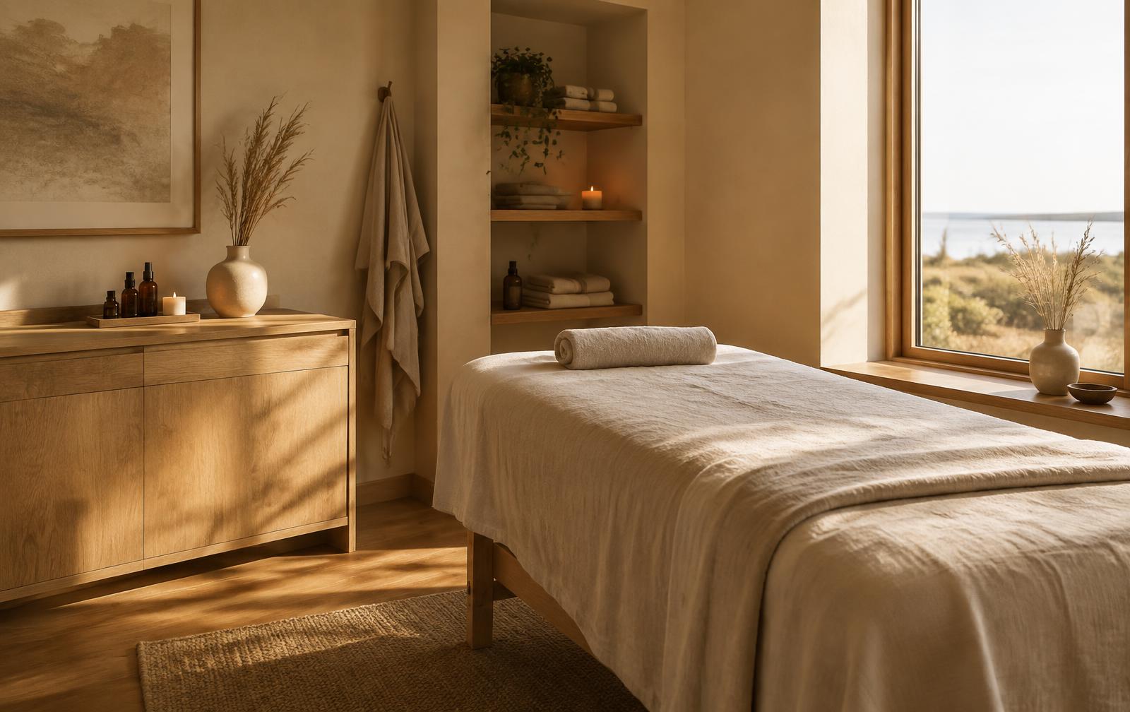 Lyst og roligt behandlingsrum med massagebriks i varmt aftenlys